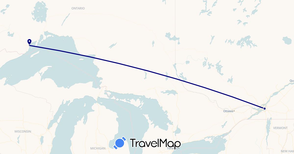 TravelMap itinerary: driving, plane in Canada, France (Europe, North America)